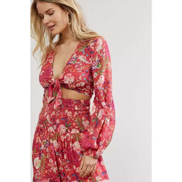 New Anthropologie Smocked Floral Midi Skirt & Tie Front Top Set $148 MEDIUM Red - Picture 2 of 4